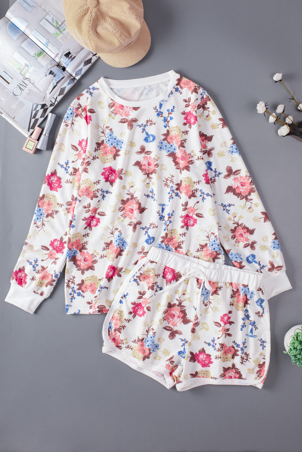 Floral Long Sleeve Top and Shorts Lounge Set - Absolute Fashion 2020