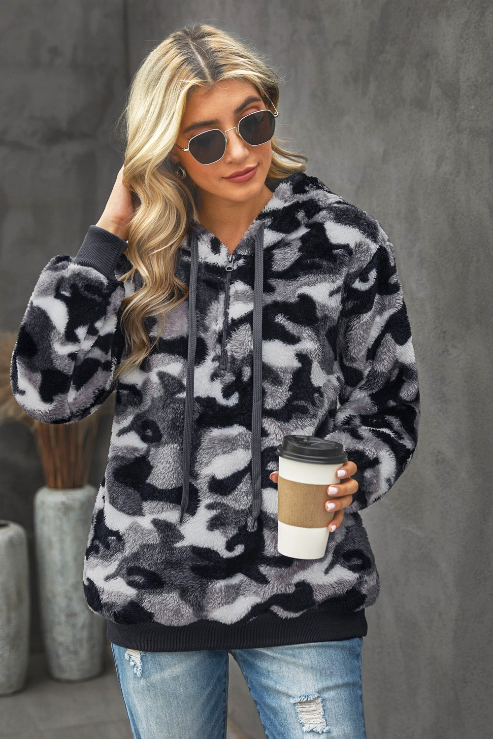 Camouflage Half Zip Fuzzy Hoodie - Absolute Fashion 2020