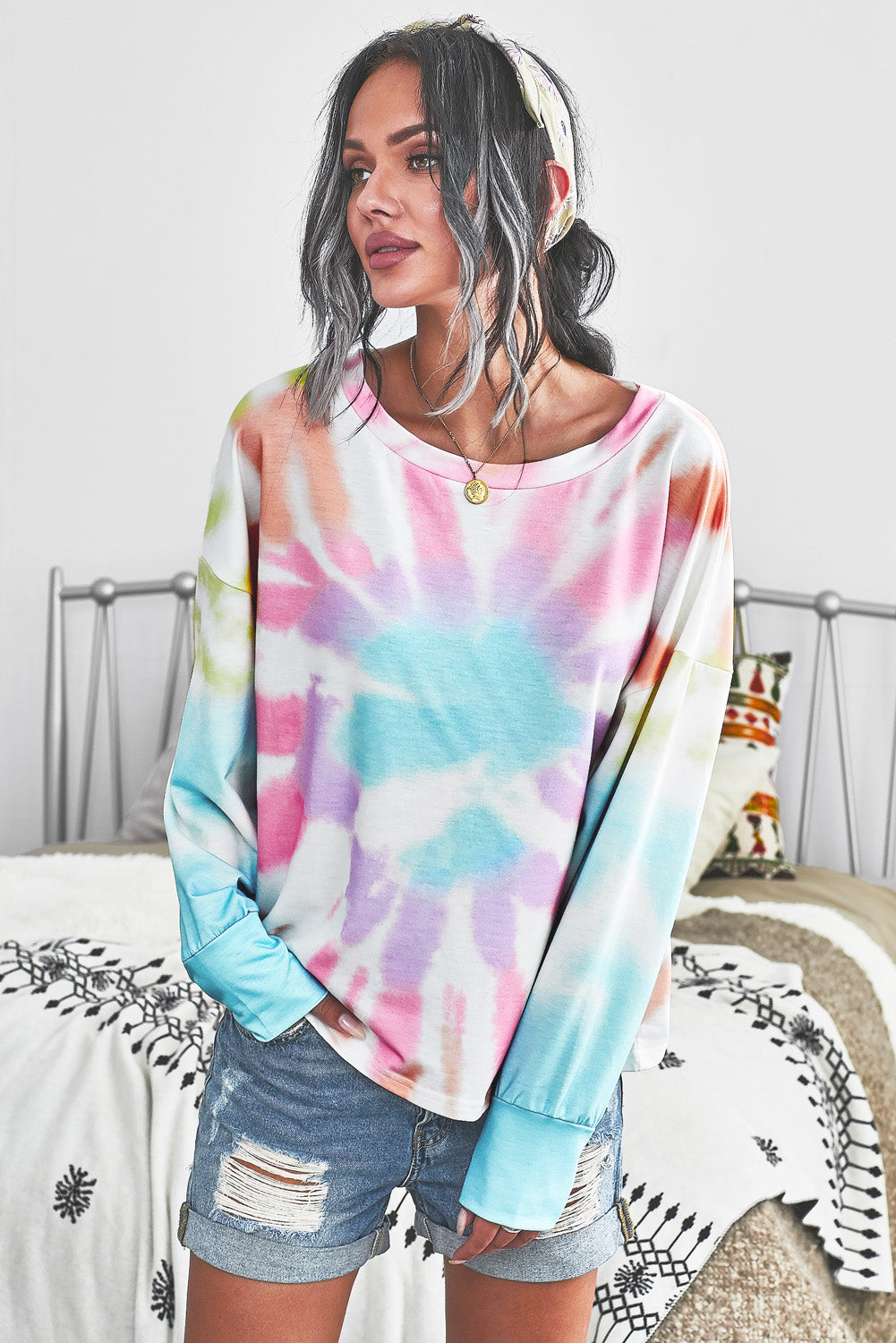 Tie-Dye Boat Neck Batwing Sleeve Tee - Absolute Fashion 2020