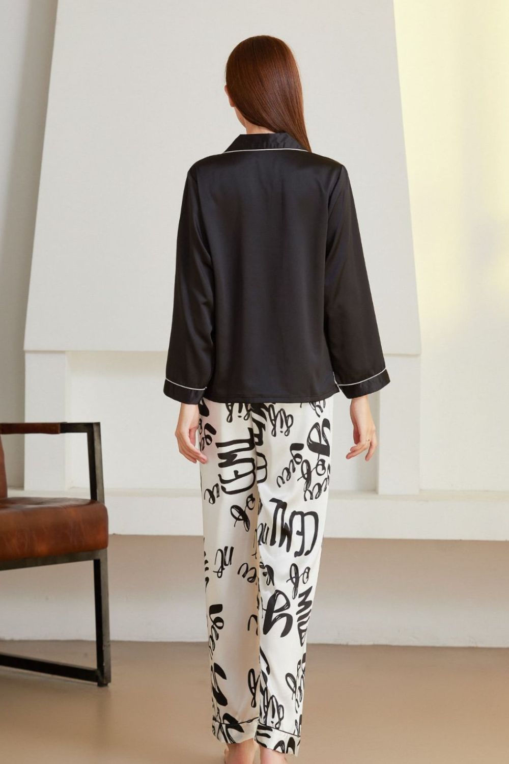 Satin Button-Up Lapel Collar Top and Pants Pajama Set