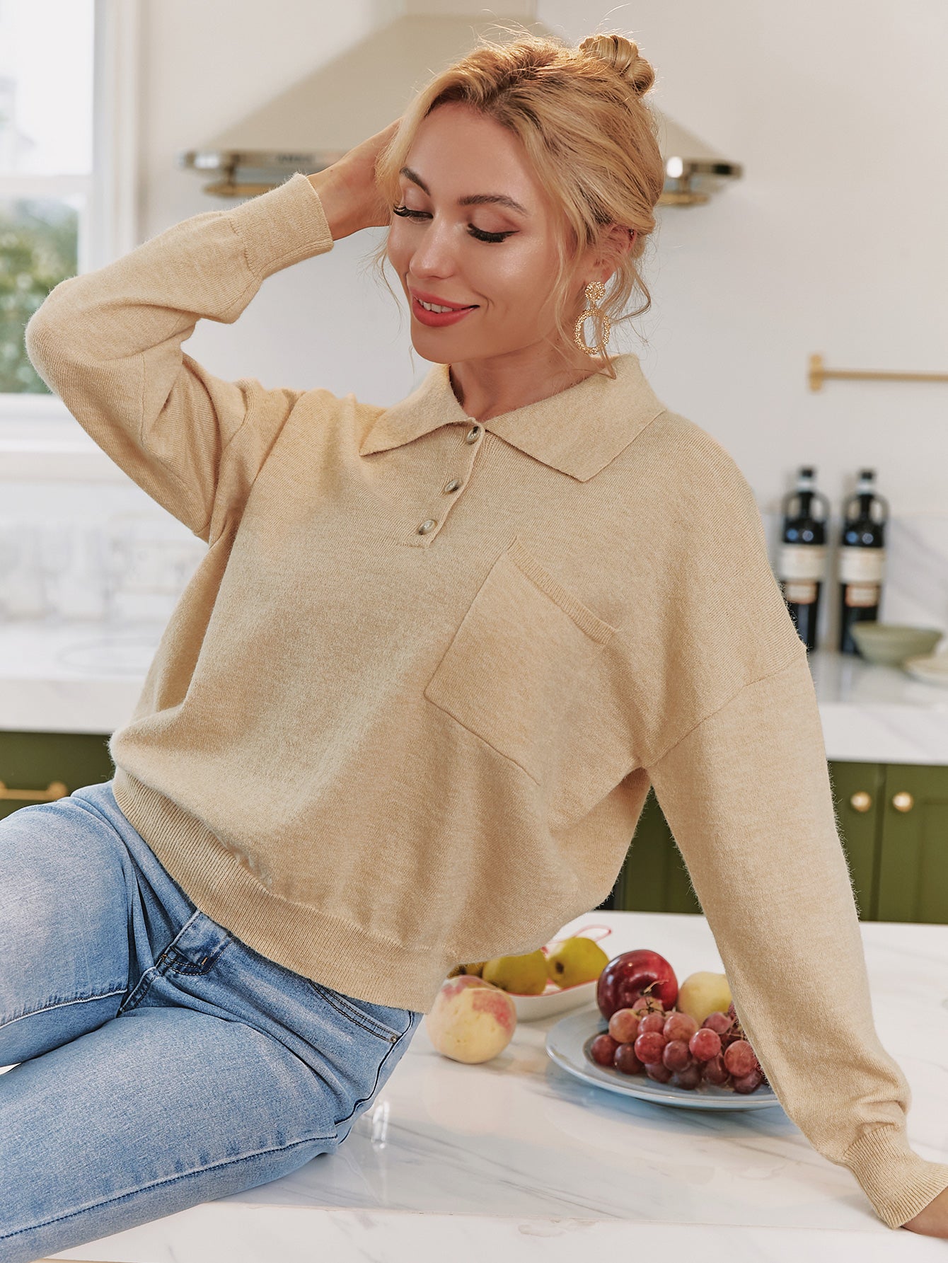 Collared Neck Knitted Sweater with Pocket