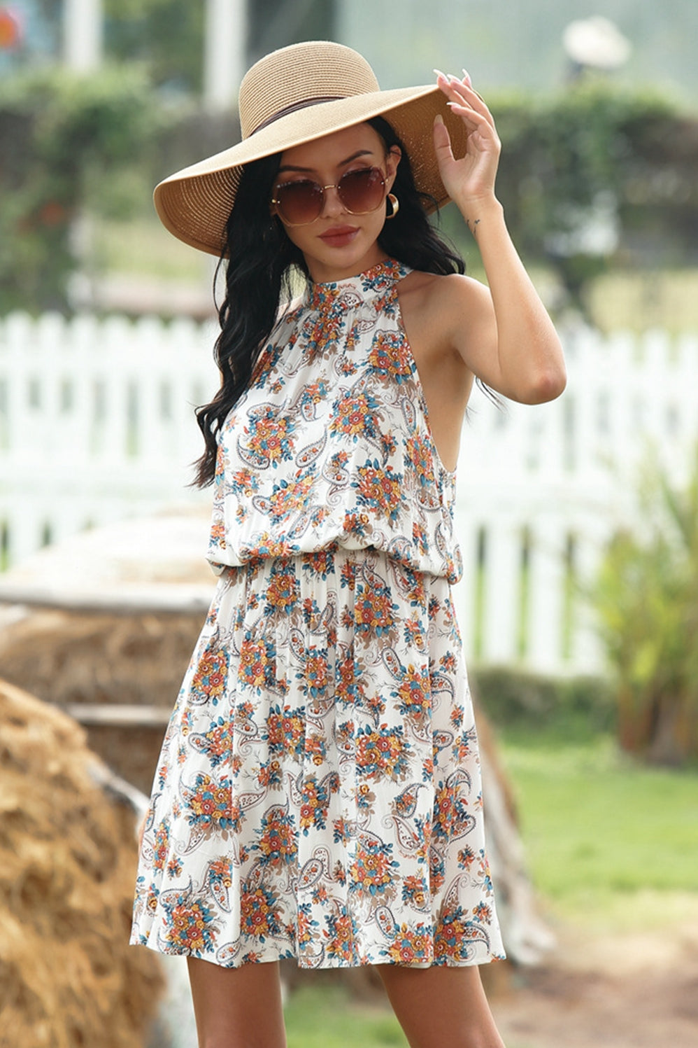 Floral Halter Neck Strap Elastic Waist Dress