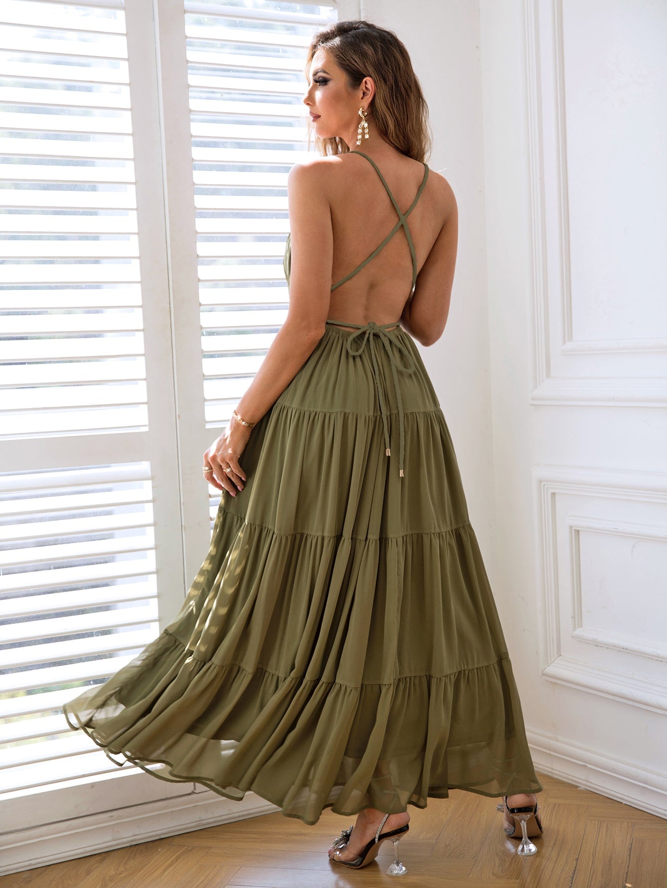 Cutout Halter Neck Backless Pleated Dress