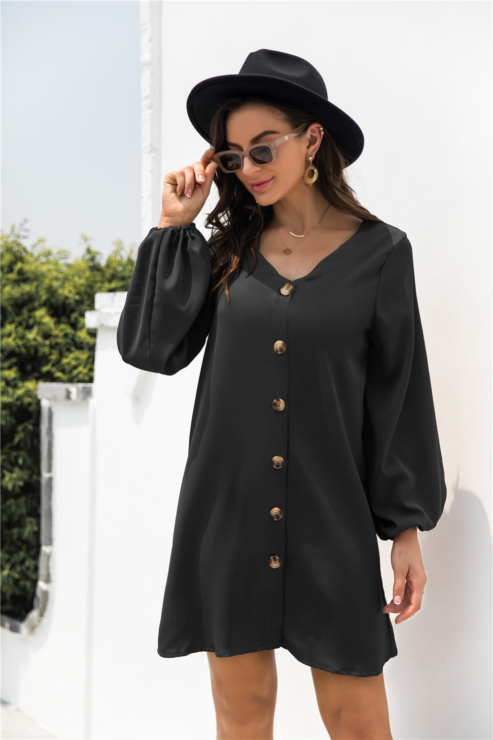 V Neck Button Through Smock Dress - Absolute Fashion 2020