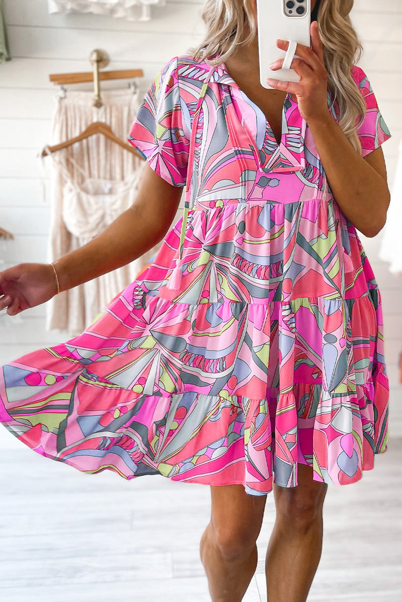 Pink Abstract Geometric Print Tassel Tie Flared Dress