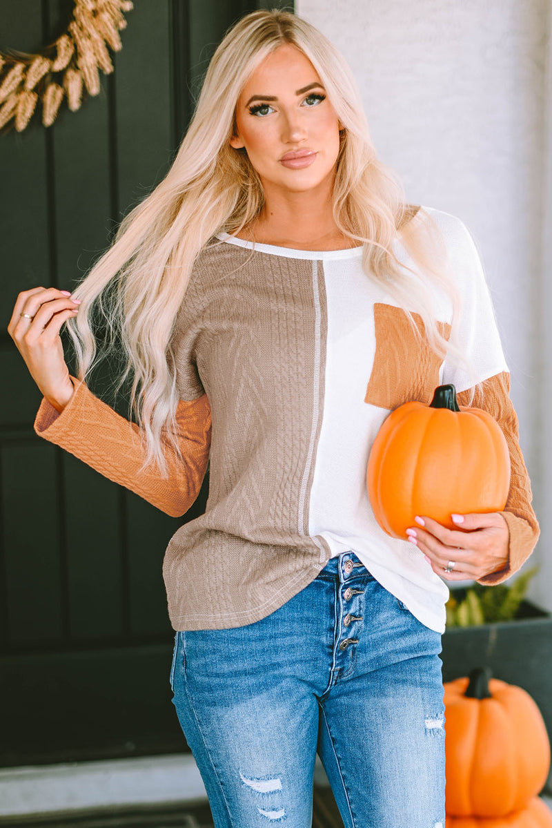 Orange Long Sleeve Colorblock Chest Pocket Textured Knit Top - Absolute fashion 2020