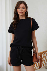 Black 2pcs Solid Textured Drawstring Shorts Set - Absolute fashion 2020