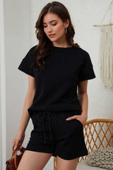 Black 2pcs Solid Textured Drawstring Shorts Set - Absolute fashion 2020
