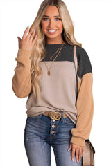 Black Color Block Long Sleeve Ribbed Loose Top - Absolute fashion 2020