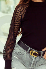 Black Striped Mesh Long Sleeve Crewneck Ribbed Top - Absolute fashion 2020