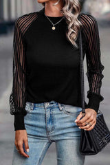 Black Striped Mesh Long Sleeve Crewneck Ribbed Top - Absolute fashion 2020