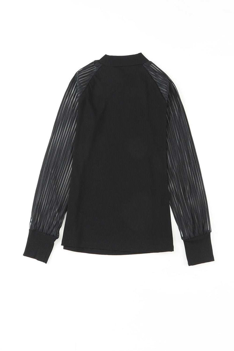 Black Striped Mesh Long Sleeve Crewneck Ribbed Top - Absolute fashion 2020