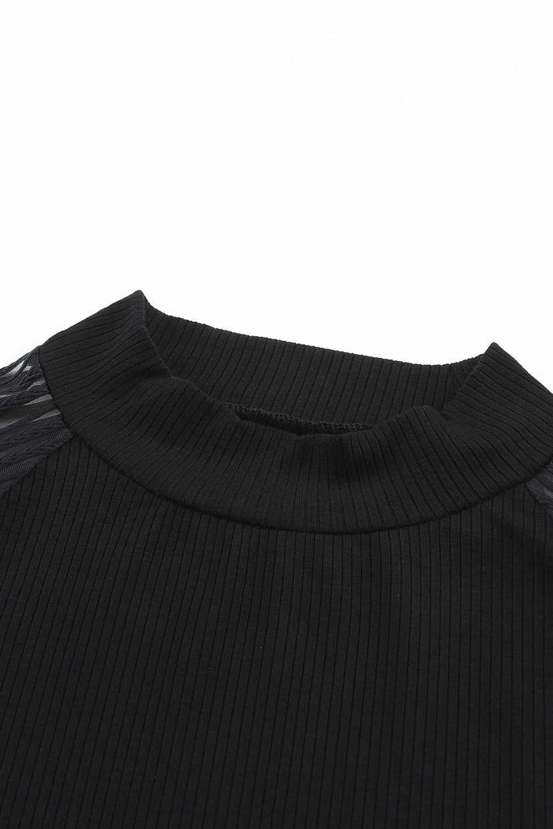 Black Striped Mesh Long Sleeve Crewneck Ribbed Top - Absolute fashion 2020