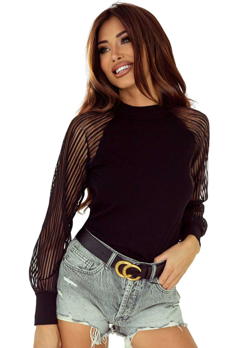 Black Striped Mesh Long Sleeve Crewneck Ribbed Top - Absolute fashion 2020