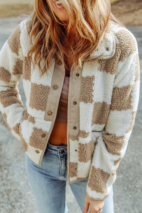 Brown Checked Snap Button Sherpa Jacket - Absolute fashion 2020