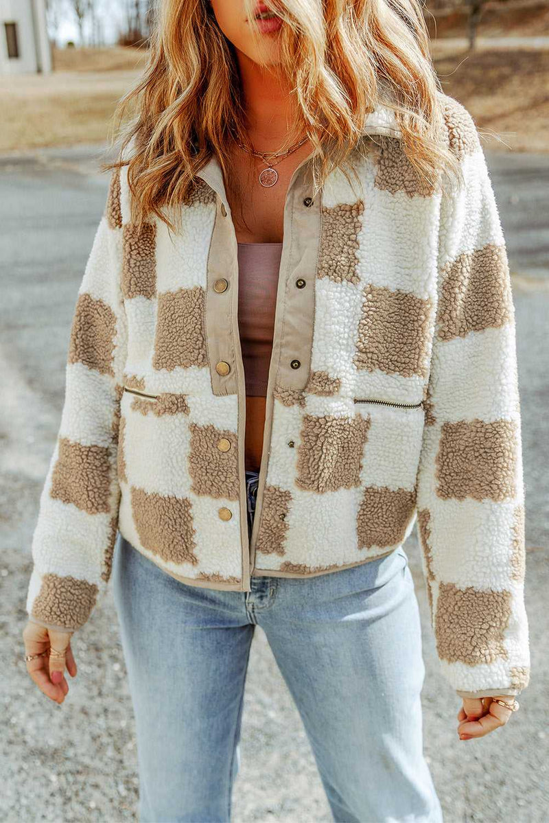 Brown Checked Snap Button Sherpa Jacket - Absolute fashion 2020