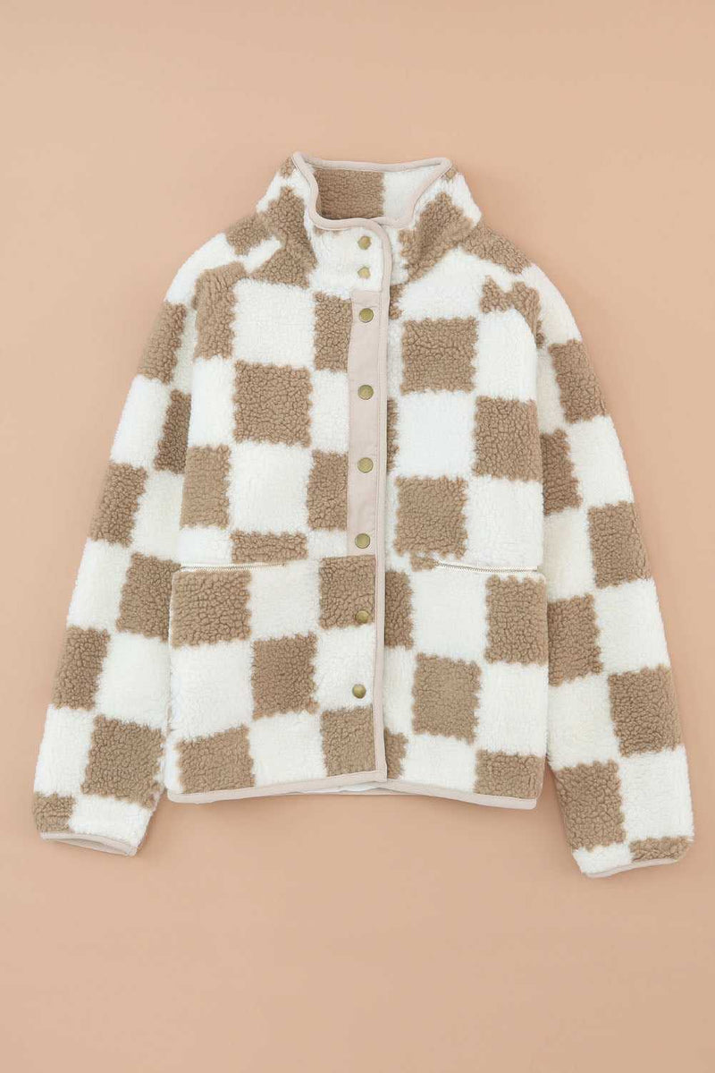 Brown Checked Snap Button Sherpa Jacket - Absolute fashion 2020