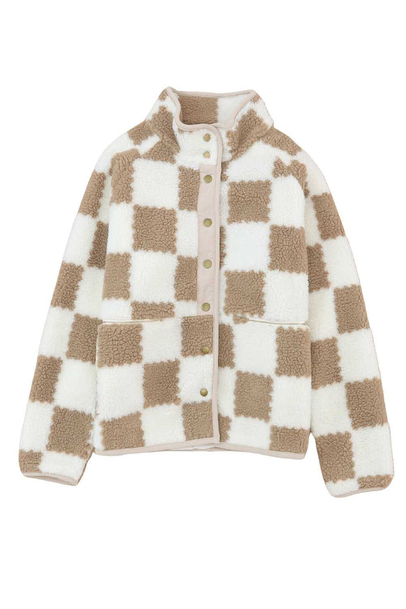 Brown Checked Snap Button Sherpa Jacket - Absolute fashion 2020