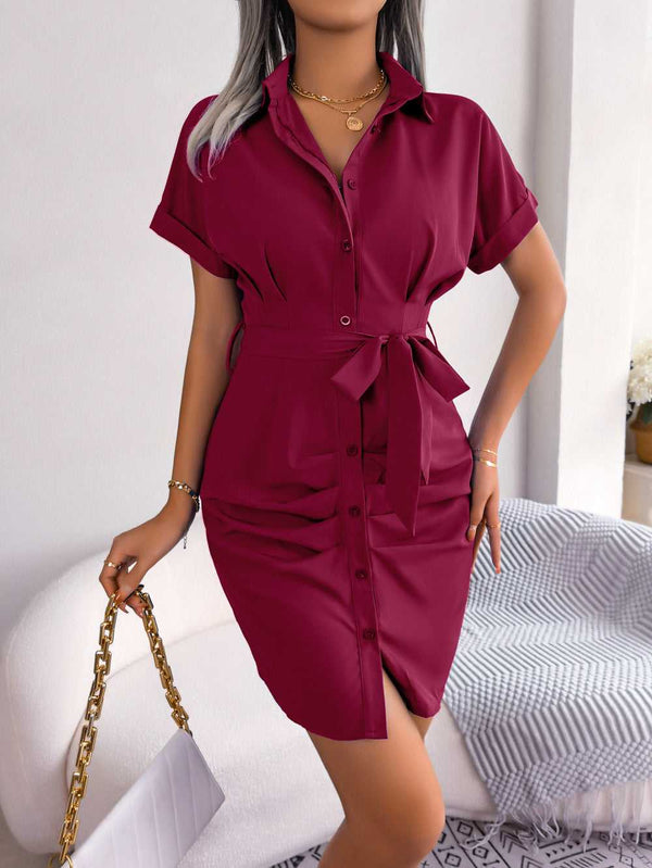 Button Down Ruched Tie Belt Dress - Absolute fashion 2020