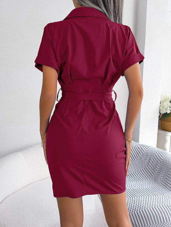 Button Down Ruched Tie Belt Dress - Absolute fashion 2020