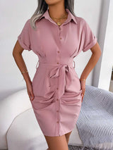 Button Down Ruched Tie Belt Dress - Absolute fashion 2020