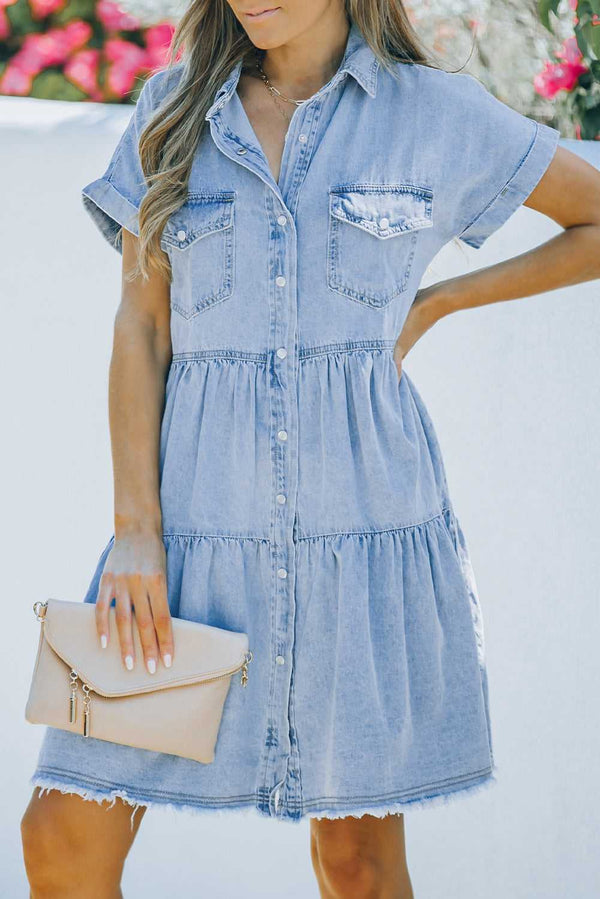 Buttoned Frayed Pocket Short Sleeve Denim Dress - Absolute fashion 2020