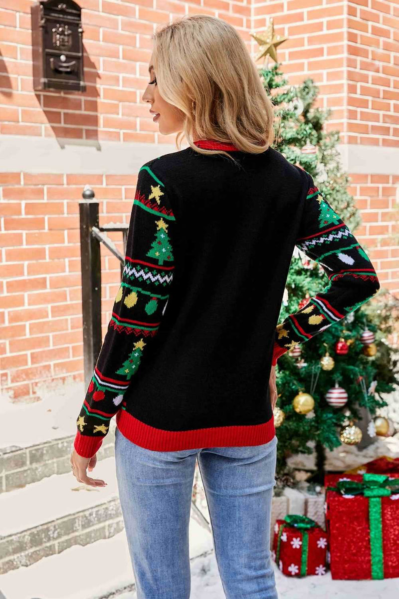 Christmas Print Sequin Round Neck Sweater - Absolute fashion 2020