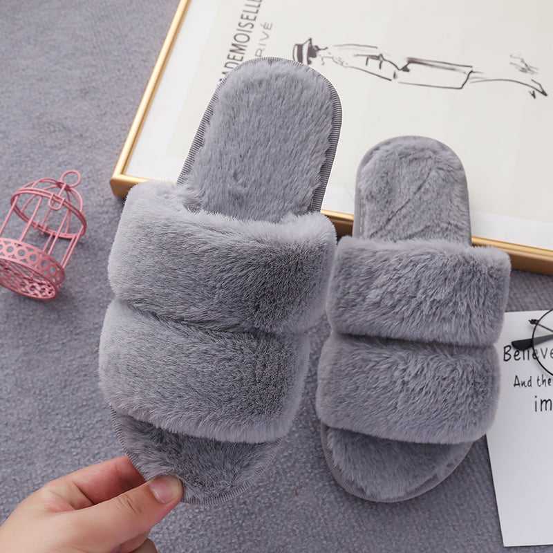 Faux Fur Double Strap Slippers - Absolute fashion 2020