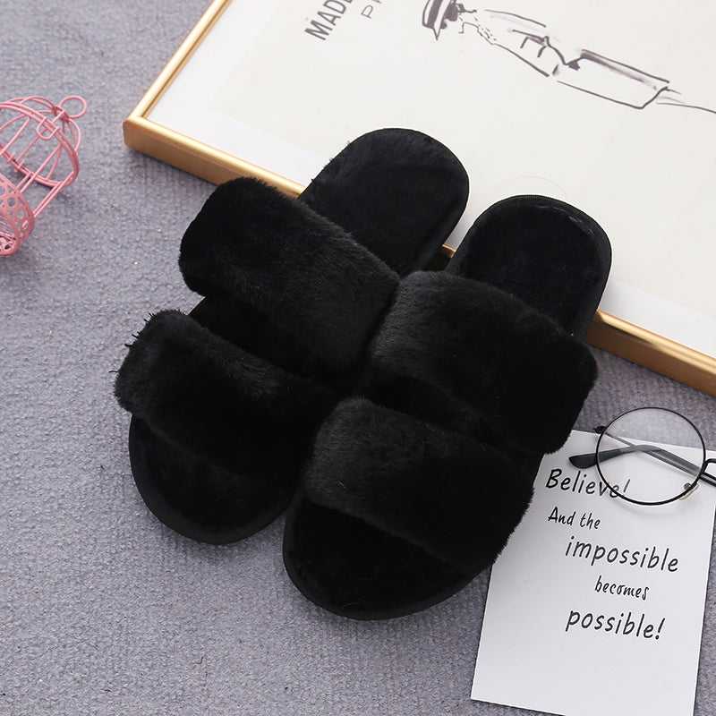 Faux Fur Double Strap Slippers - Absolute fashion 2020