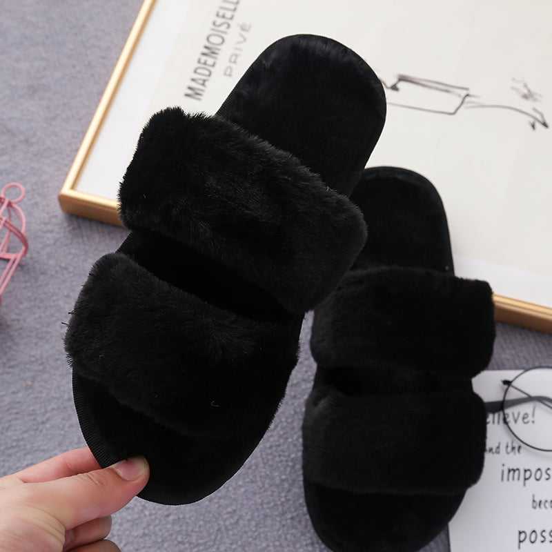 Faux Fur Double Strap Slippers - Absolute fashion 2020