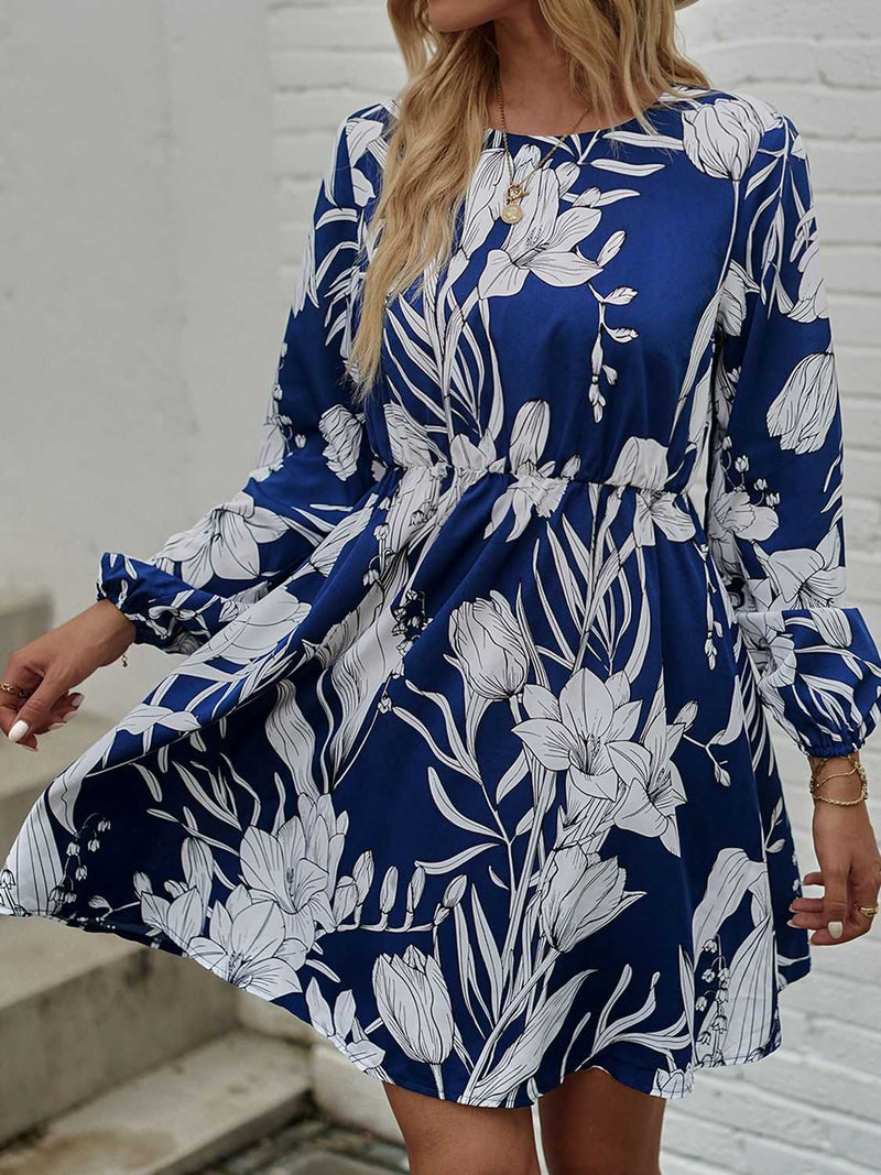 Floral Round Neck Long Sleeve Mini Dress - Absolute fashion 2020