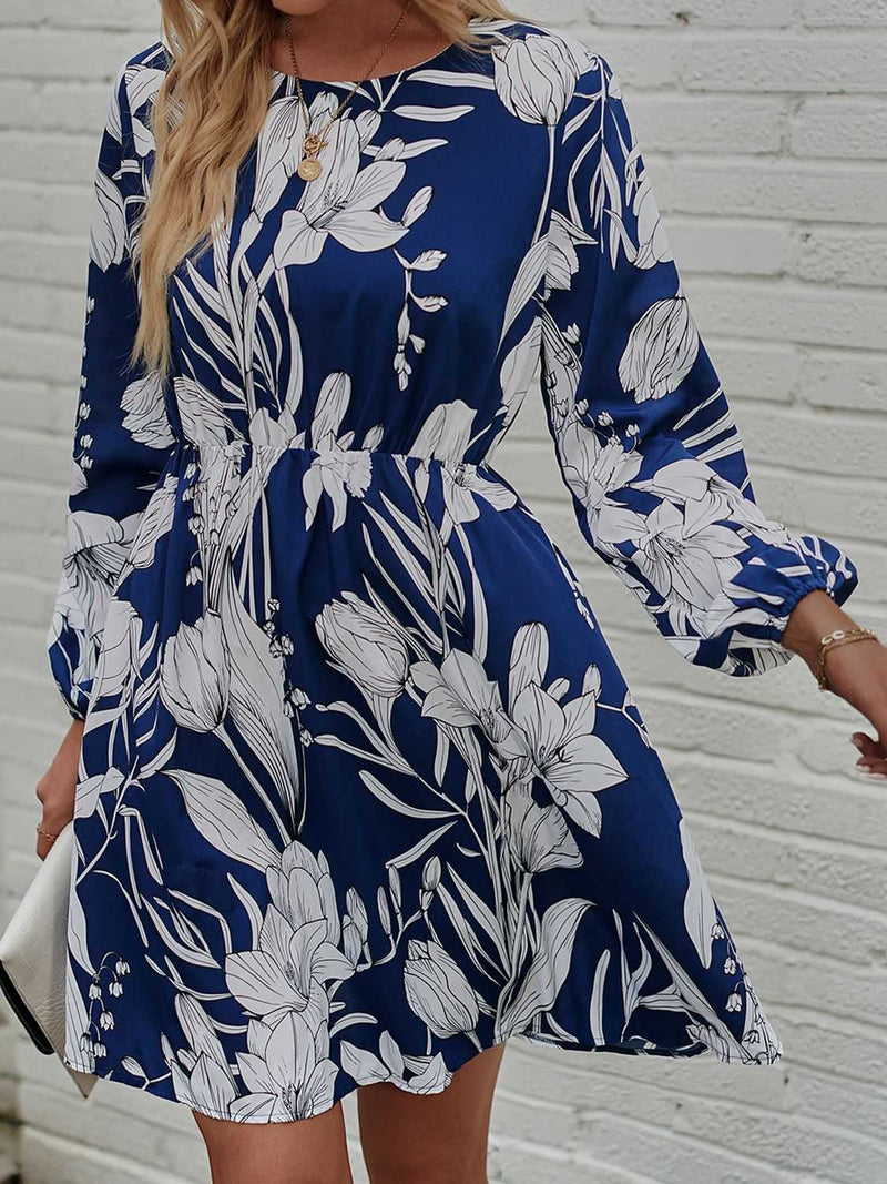 Floral Round Neck Long Sleeve Mini Dress - Absolute fashion 2020