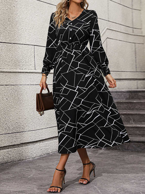 Geometric V-Neck Lantern Sleeve Dress - Absolute fashion 2020