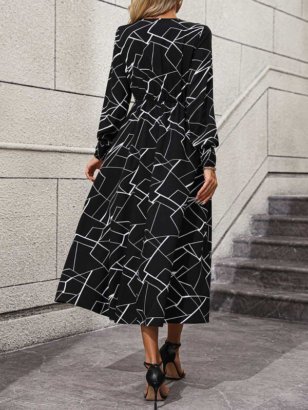 Geometric V-Neck Lantern Sleeve Dress - Absolute fashion 2020