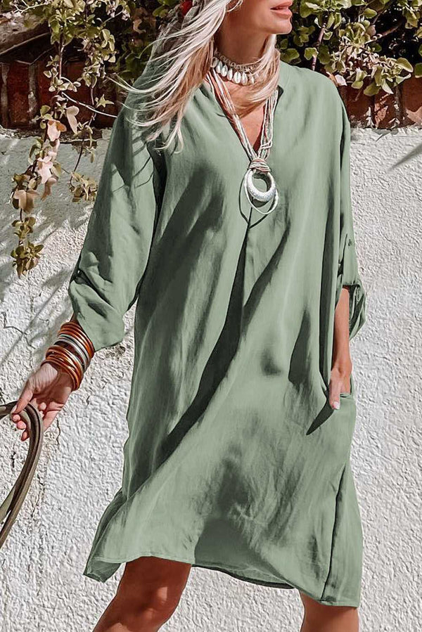 Green Roll-tab Sleeve Flowy Casual Dress - Absolute fashion 2020