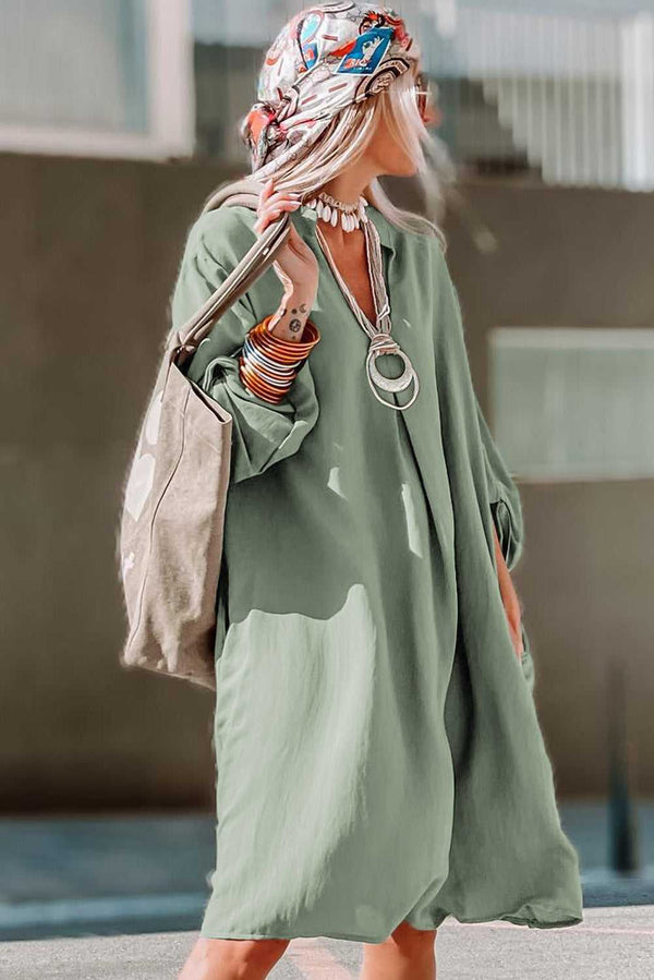 Green Roll-tab Sleeve Flowy Casual Dress - Absolute fashion 2020