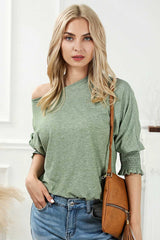 Green Smocked 3/4 Sleeve Casual Loose Top - Absolute fashion 2020