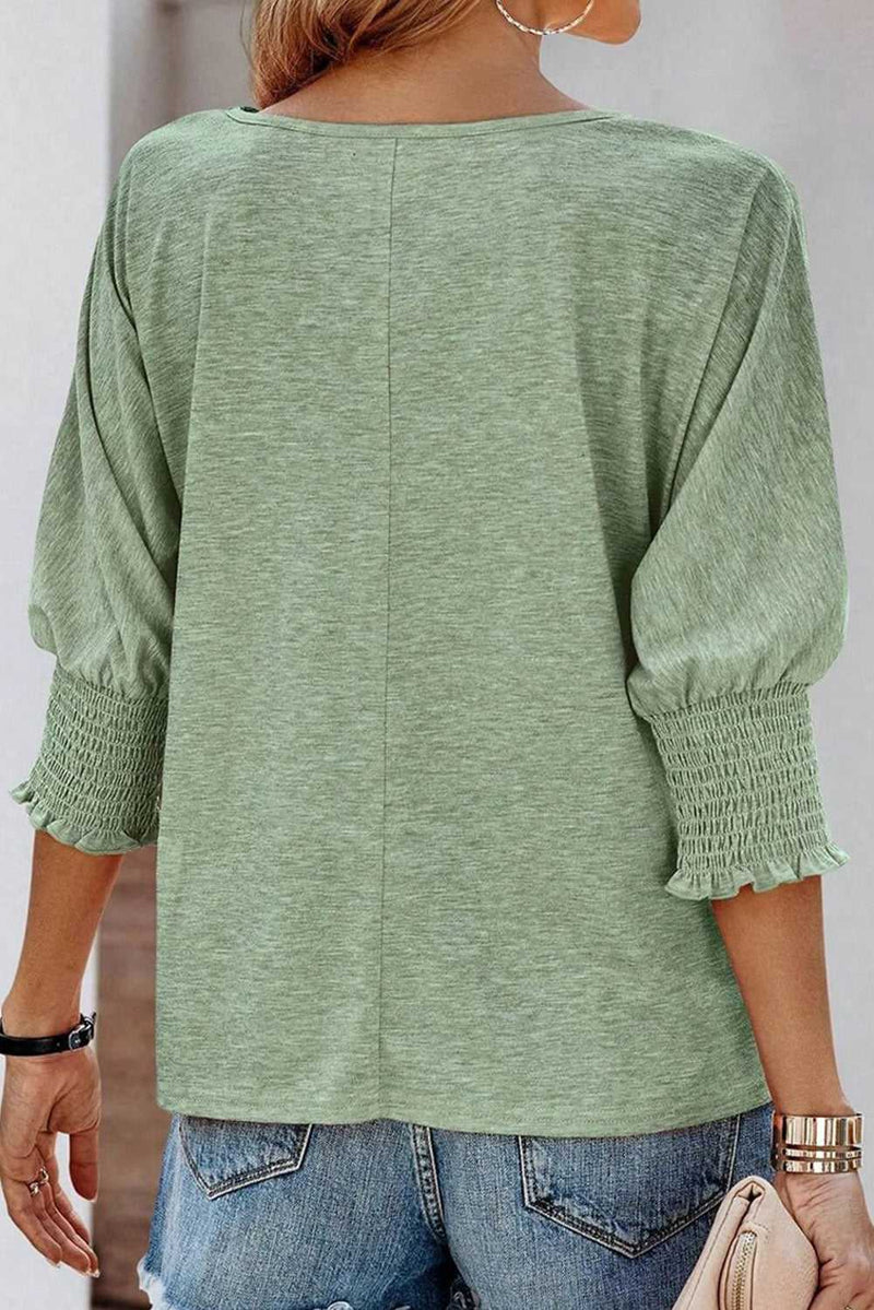 Green Smocked 3/4 Sleeve Casual Loose Top - Absolute fashion 2020