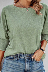 Green Smocked 3/4 Sleeve Casual Loose Top - Absolute fashion 2020