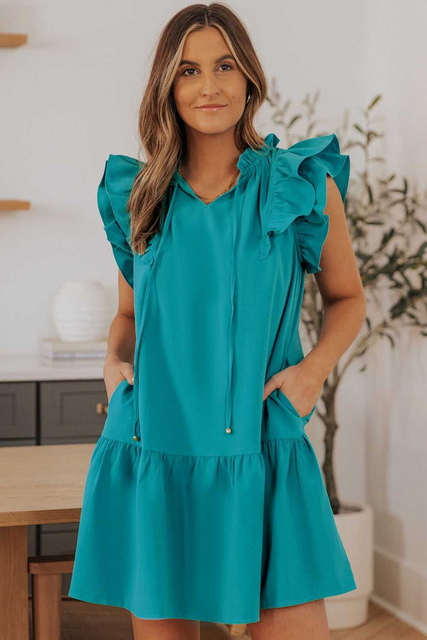 Green Tiered Ruffled Sleeves Mini Dress with Pockets - Absolute fashion 2020