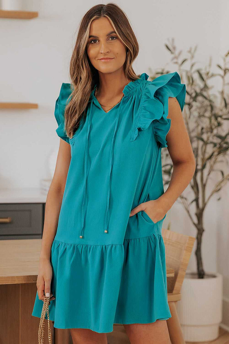 Green Tiered Ruffled Sleeves Mini Dress with Pockets - Absolute fashion 2020
