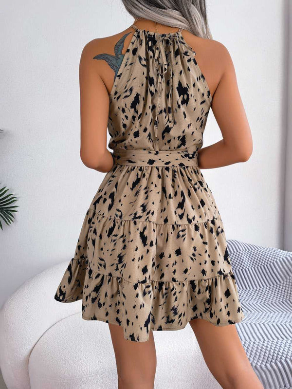 Halter Neck Printed Tie Waist Sleeveless Mini Dress - Absolute fashion 2020