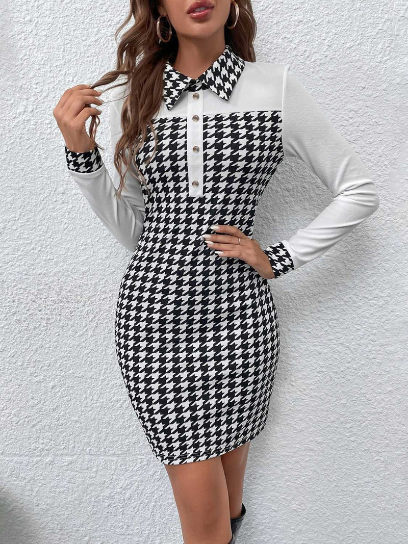 Houndstooth Collared Long Sleeve Dress - Absolute fashion 2020