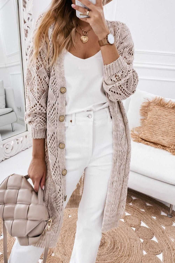 Khaki Hollow-out Openwork Knit Cardigan - Absolute fashion 2020