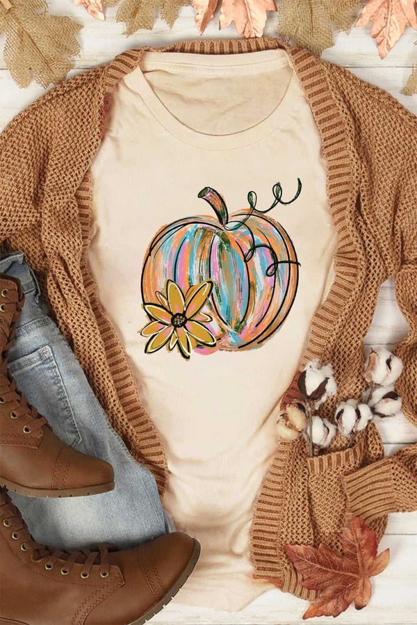 Khaki Pumpkin with Flower Graphic T Shirt - Absolute fashion 2020