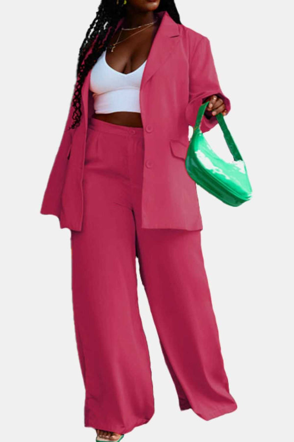 Lapel Collar Buttoned Blazer and Long Pants Set - Absolute fashion 2020