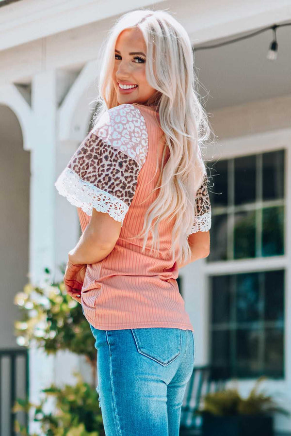 Leopard Lace Trim Ribbed Round Neck Top - Absolute fashion 2020