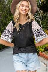 Leopard Lace Trim Ribbed Round Neck Top - Absolute fashion 2020