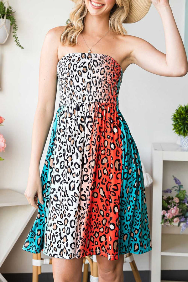 Leopard Print Smocked Strapless Dress - Absolute fashion 2020