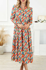 Multicolor Abstract Geometric Print Long Sleeve High Waist Dress